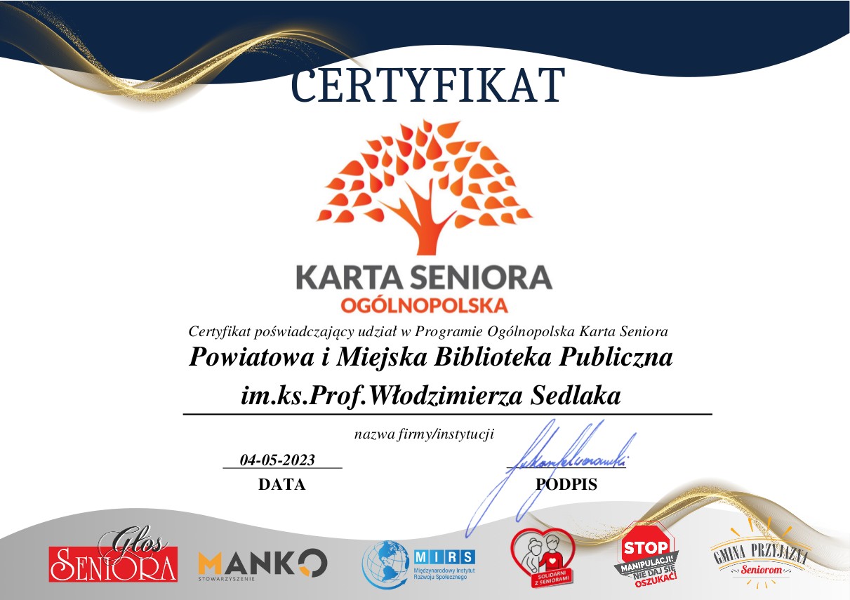 Certyfikat Ogólnopolskiej karty seniora poświadczający udział w programie