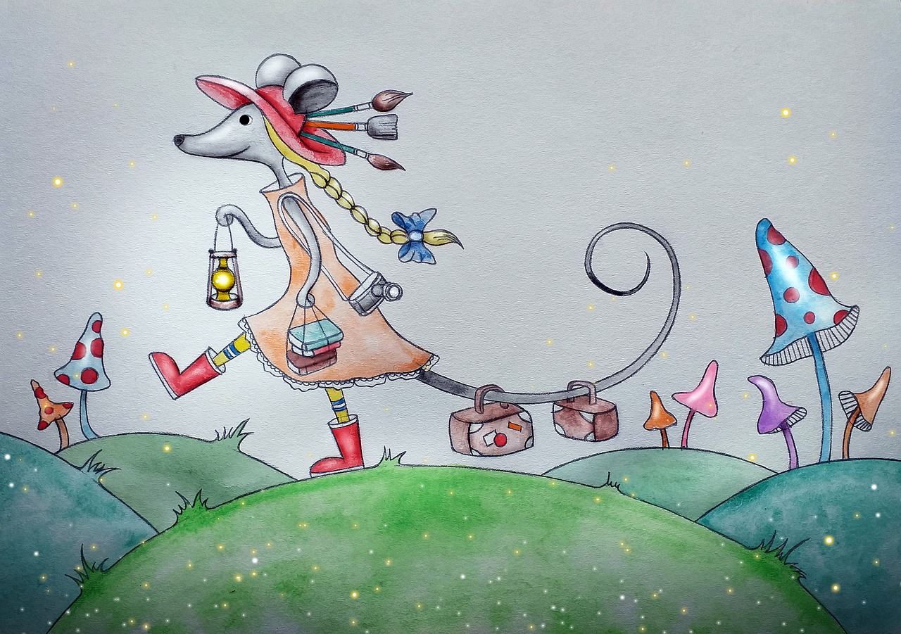 Rysunek myszy trzymającej książki oraz latarnie, mająca pędzle w czerwonej czapce